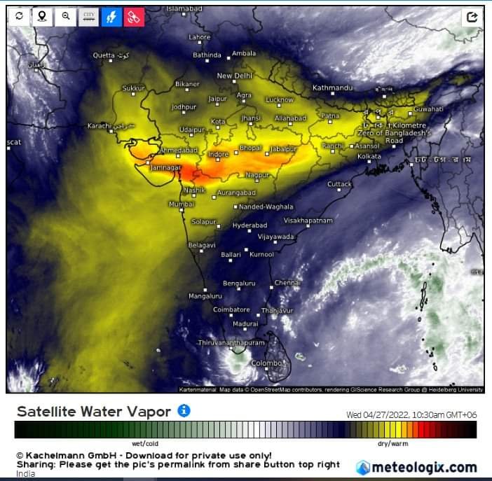 পাকিস্তান, ভারত ও বাংলাদেশের আকাশে প্রচণ্ড গরম ও শুষ্ক বাতাস দক্ষিণ-পশ্চিম দিক থেক উত্তর-পূর্ব দিকে প্রবাহিত হচ্ছে