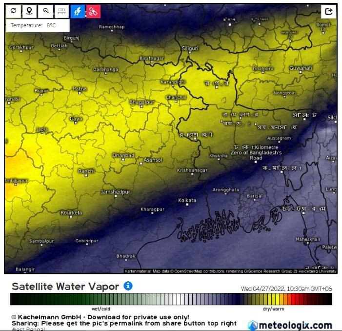 ভারতের পশ্চিমবঙ্গ ও বাংলাদেশের আকাশে পছন্দ গরম ও শুষ্ক বাতাসের উপস্থিতি।
